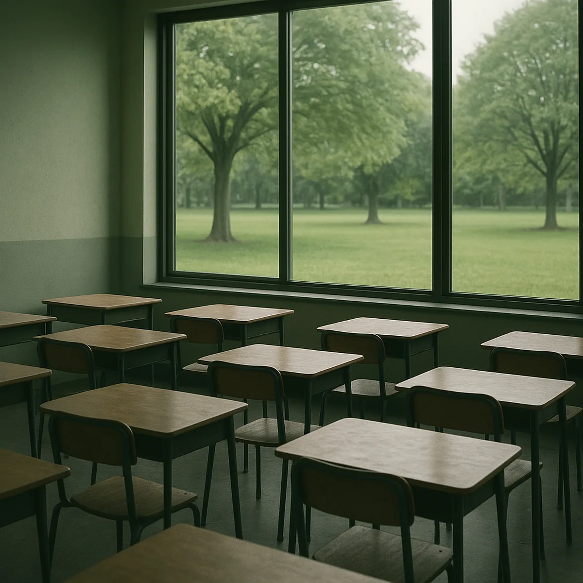 Utsikt genom ett klassrumsfönster mot en grön skolgård